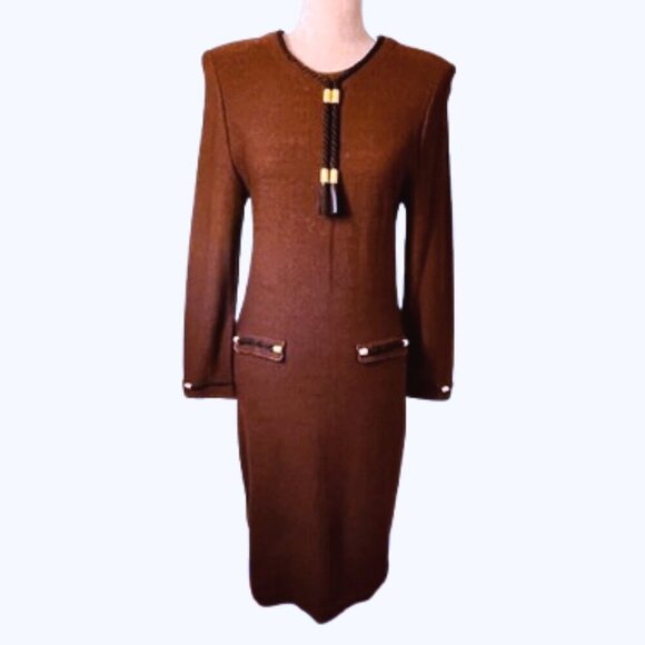 Steve Fabrikant Vintage 80's Wool Knit Dress Espresso & Black Gold Accents Small - Picture 12 of 12